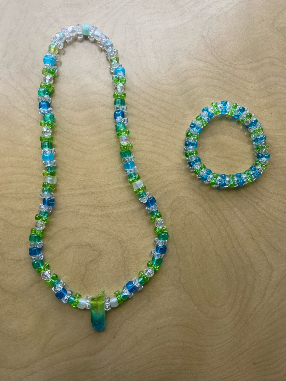 Beaded Blue & Green Pendant Necklace and Bracelet Set